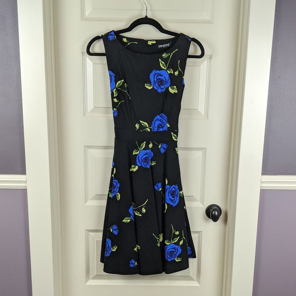 Black and Blue Vintage Floral Fit & Flare Dress from OWIN